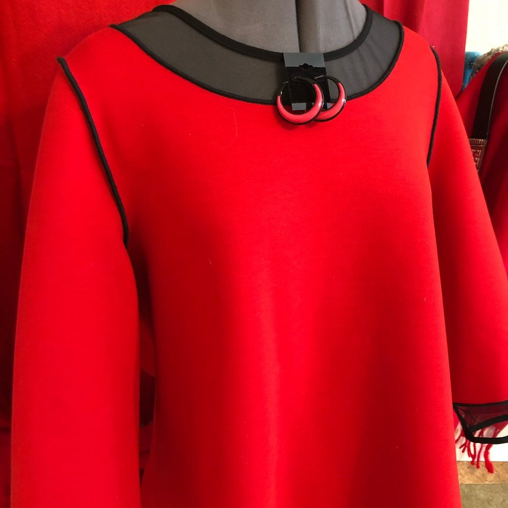 Red Knit Tunic w Blk Mesh Trim I C by Connie K
